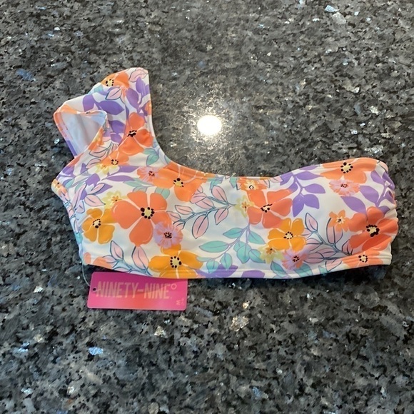 Cap sleeve One Shoulder bikini Top | Medium | Coral & purple - Picture 8 of 8